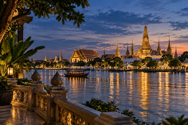 ภาพประกอบ AI ของสถาปัตยกรรมสีทองที่ได้แรงบันดาลใจจากไทยริมแม่น้ำยามเย็น